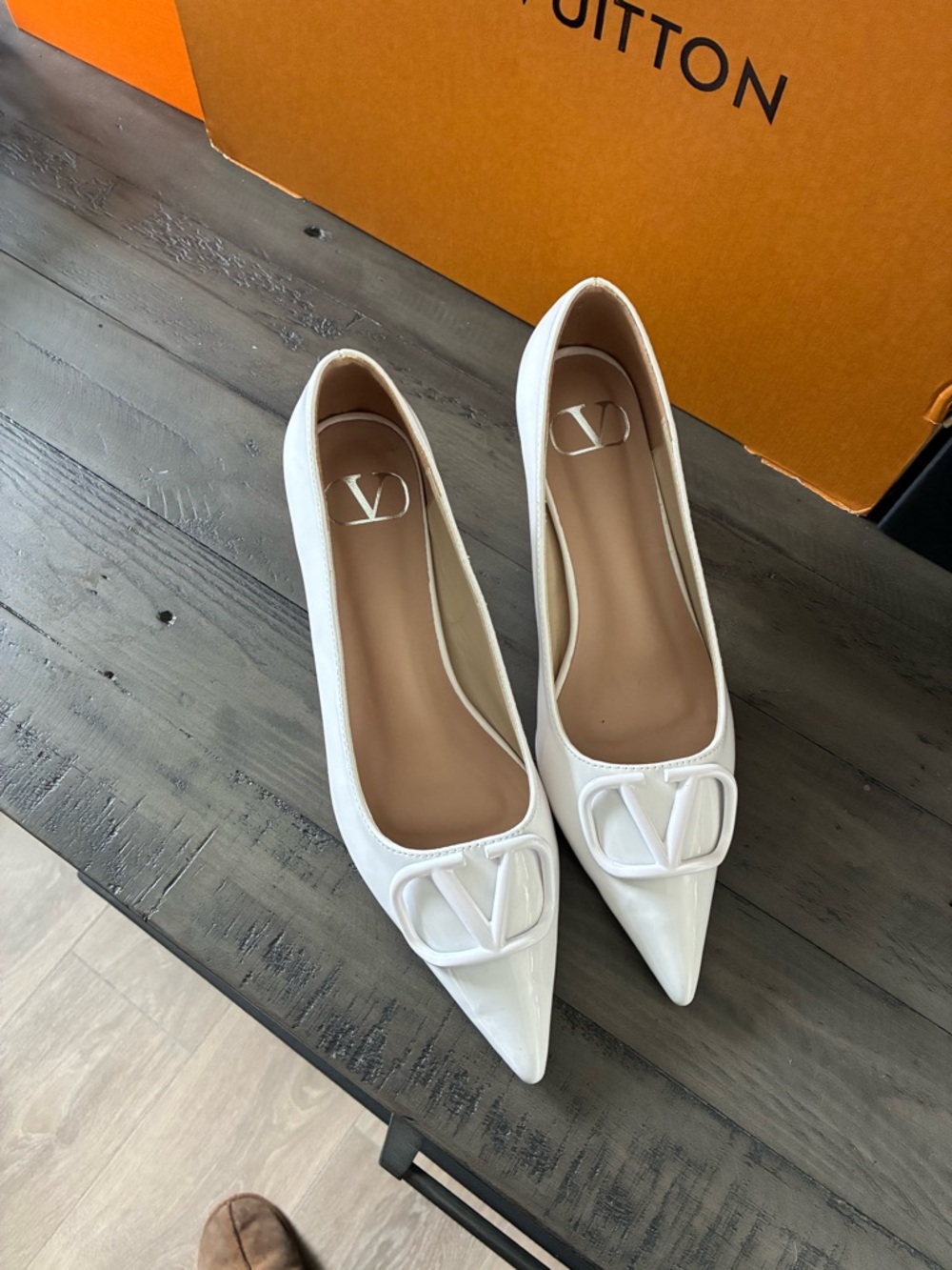 Valentino White Patent Pointed-Toe V Logo Heels